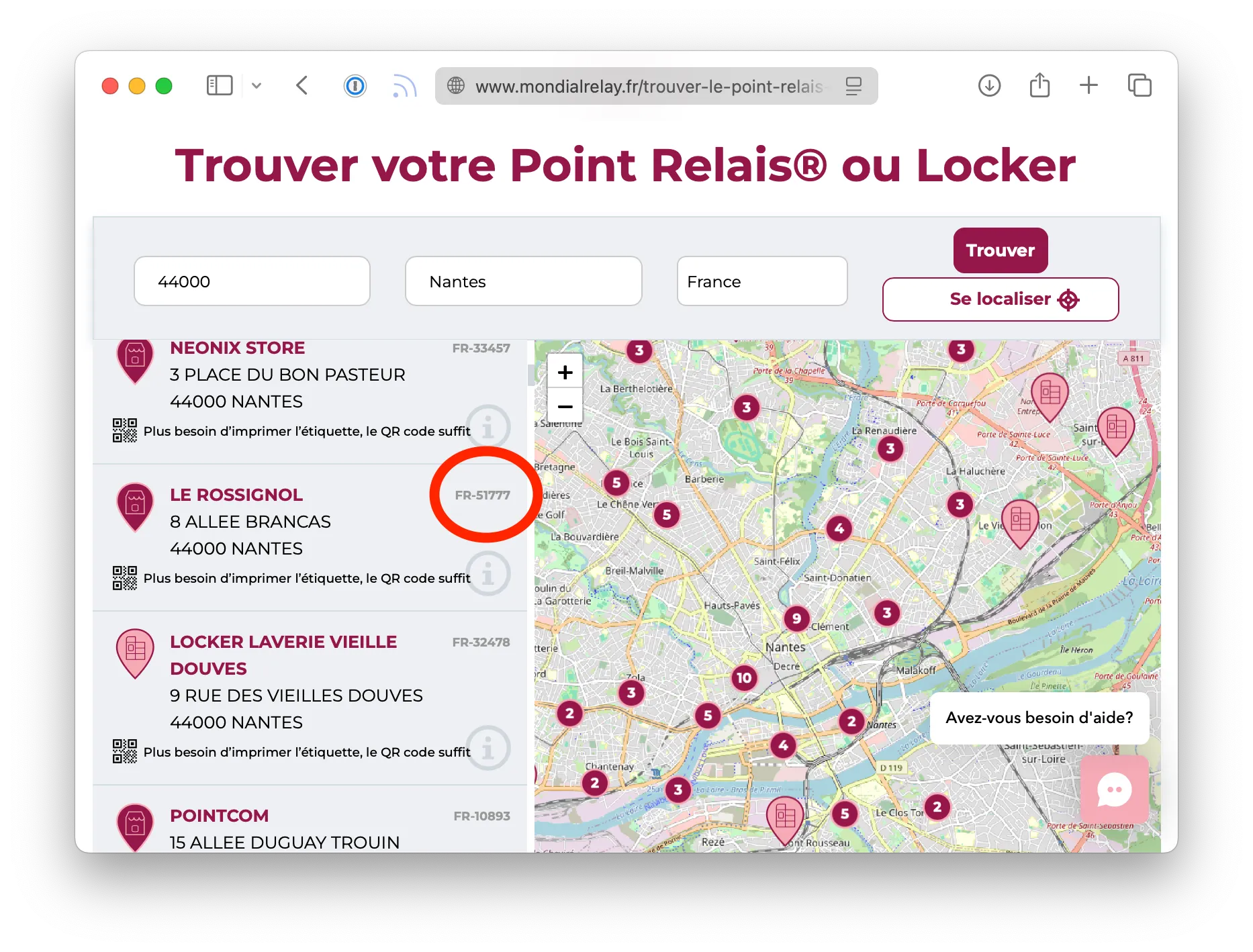 Trouver le code du point relais de collecte