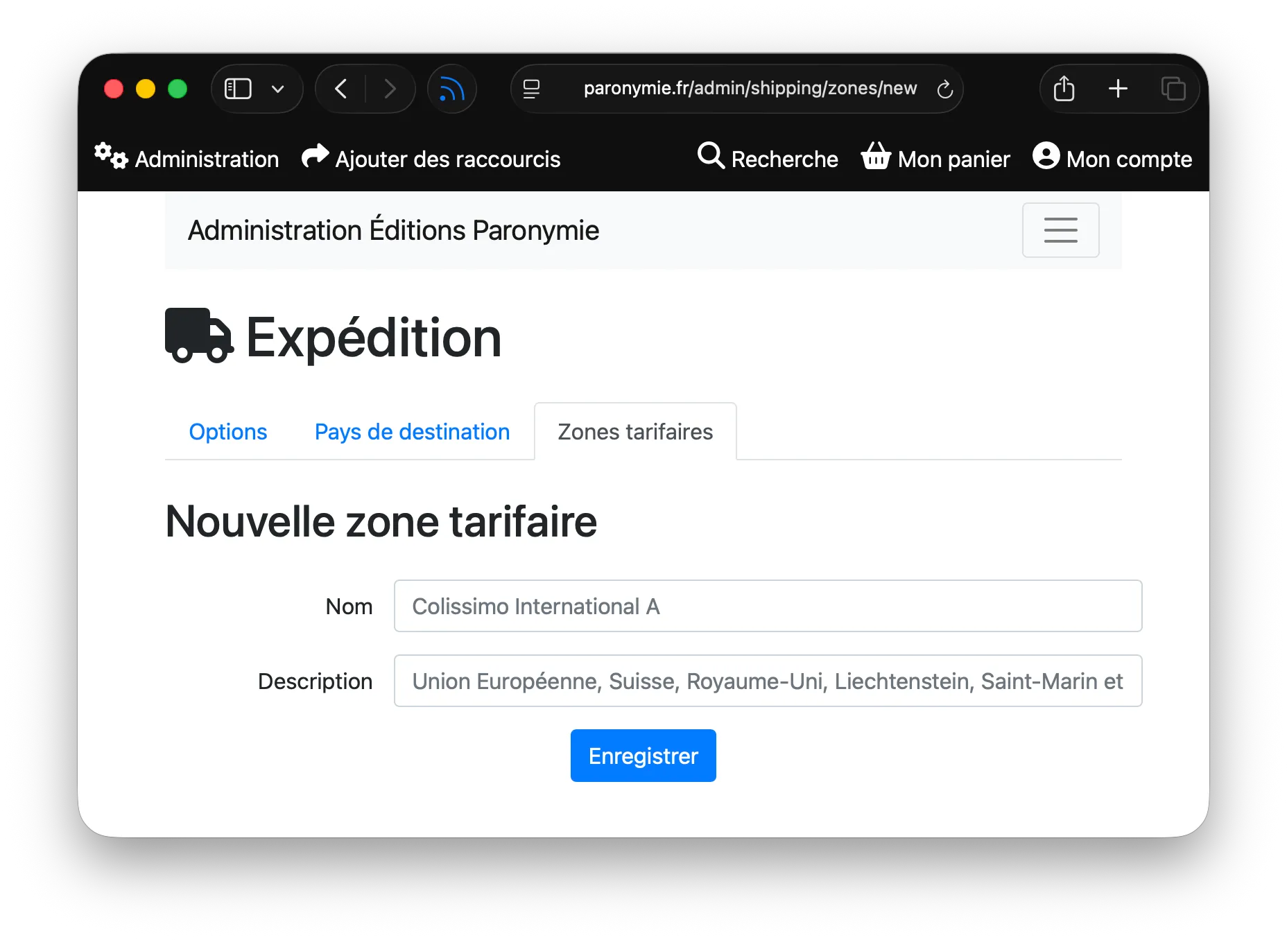 Création d'une nouvelle zone tarifaire